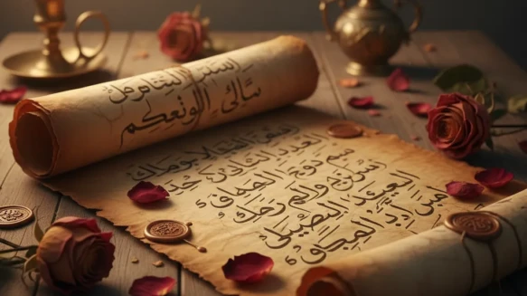 مخطوطة عربية قديمة تحتوي على كلمات حب مع ورد مجفف