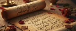 مخطوطة عربية قديمة تحتوي على كلمات حب مع ورد مجفف