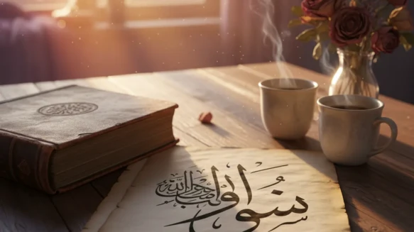 كتاب مفتوح يظهر فيه خط عربي جميل لكلمة حب مع إضاءة دافئة