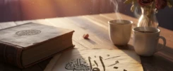 كتاب مفتوح يظهر فيه خط عربي جميل لكلمة حب مع إضاءة دافئة