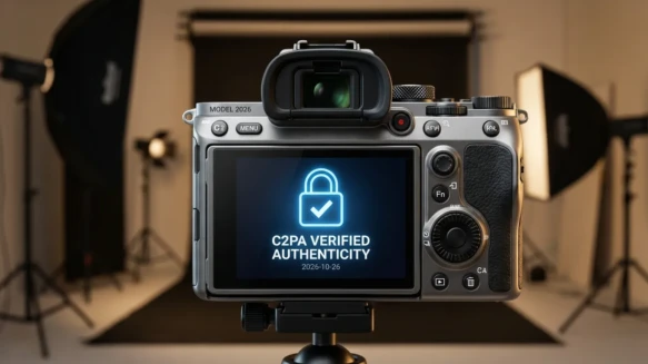 شاشة كاميرا احترافية موديل 2026 تعرض أيقونة قفل زرقاء تؤكد مصادقة C2PA وتوثيق الصورة.
