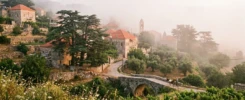 Scenic Lebanese mountain village representing Fairuz's lyrics