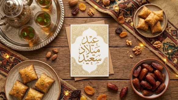 Traditional Arab birthday setting with sweets and a greeting card.