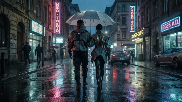 زوجان يمشيان تحت المطر في شارع ليلي بإضاءة نيون بأسلوب سينمائي