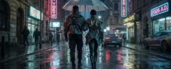 زوجان يمشيان تحت المطر في شارع ليلي بإضاءة نيون بأسلوب سينمائي