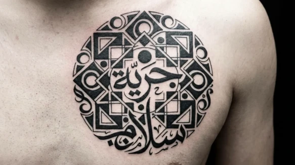 تصميم كاليغرافيتي دائرية على الصدر يمزج الهندسة بالحروف
