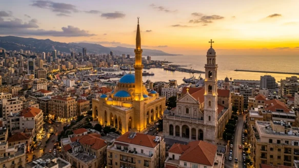 A mosque and a church standing side by side in the Beirut skyline at sunset