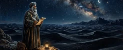 Ancient Arabic poet under a starry night sky
