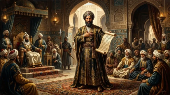 A historic portrait painting of the Arab poet Al-Mutanabbi representing his pride and narcissism