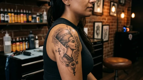 A detailed black ink tattoo of Queen Nefertiti with geometric patterns on a shoulder