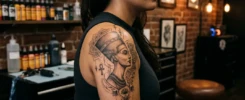A detailed black ink tattoo of Queen Nefertiti with geometric patterns on a shoulder